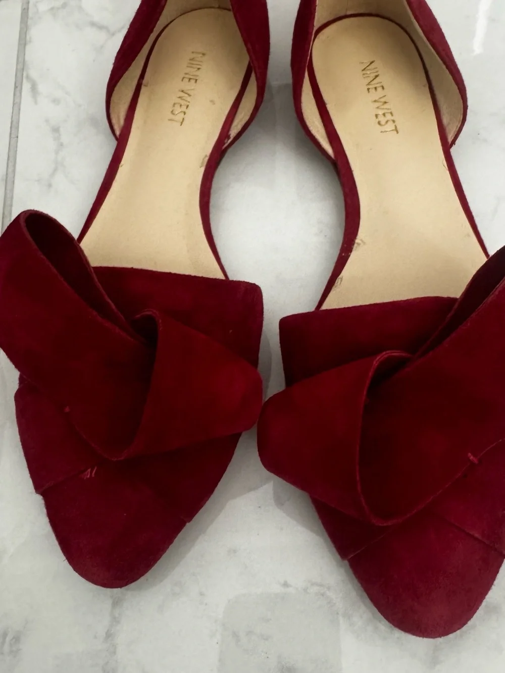Nine West Burgundy Suede Pointed D'Orsay Flats with Knot Bow